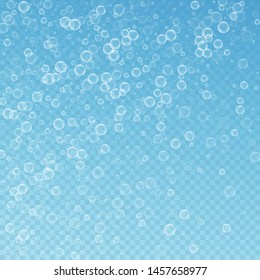 Soap bubbles abstract background. Blowing bubbles on blue transparent background. Bold soapy foam overlay template. Original vector illustration.