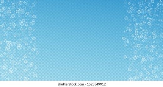Soap bubbles abstract background. Blowing bubbles on blue transparent background. Breathtaking soapy foam overlay template. Authentic vector illustration.