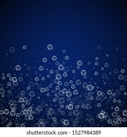Soap bubbles abstract background. Blowing bubbles on dark blue night background. Bold soapy foam overlay template. Lovely vector illustration.