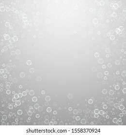 Soap bubbles abstract background. Blowing bubbles on light grey background. Bold soapy foam overlay template. Uncommon vector illustration.