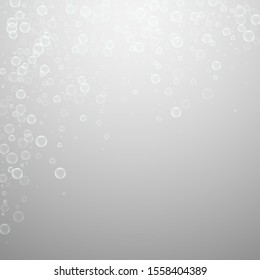 Soap bubbles abstract background. Blowing bubbles on light grey background. Bold soapy foam overlay template. Eminent vector illustration.
