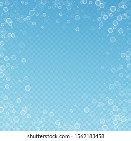 Soap bubbles abstract background. Blowing bubbles on blue transparent background. Bold soapy foam overlay template. Stylish vector illustration.