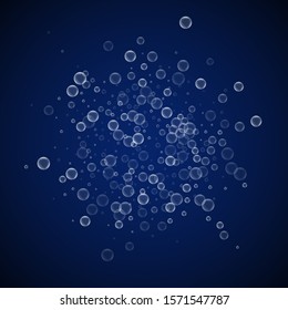 Soap bubbles abstract background. Blowing bubbles on dark blue night background. Breathtaking soapy foam overlay template. Pleasing vector illustration.