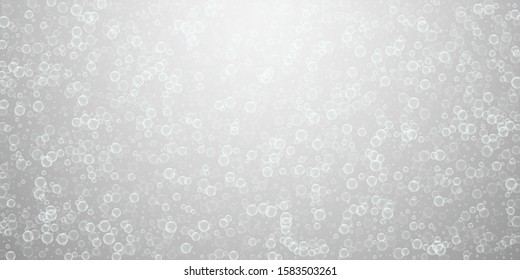 Soap bubbles abstract background. Blowing bubbles on light grey background. Astonishing soapy foam overlay template. Flawless vector illustration.