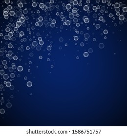 Soap bubbles abstract background. Blowing bubbles on dark blue night background. Bold soapy foam overlay template. Elegant vector illustration.