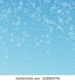 Las burbujas de jabón son fondo abstracto. Burbujas en fondo azul transparente. Impresionante plantilla de superposición de espuma de jabón. Ilustración vectorial pura.