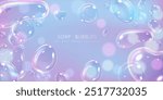 Soap bubbles Abstract dreamy background. Soap foam with iridescent rainbow reflection. Glossy volume lather with holographic effect and glares vector banner design with text