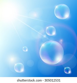 Soap bubbles against the blue sky. Stock Vector.