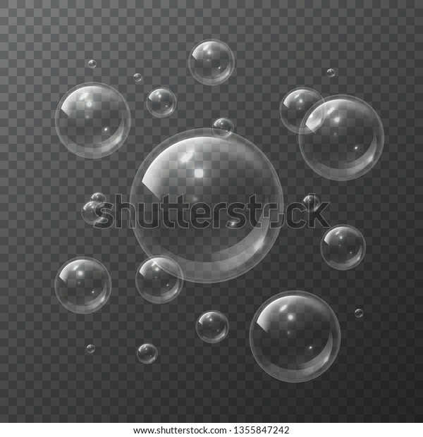 Soap bubbles. Aqua clear spheres blowing air foam\
bubble shampoo soap transparent bubbling shiny bubbly 3d isolated\
vector texture
