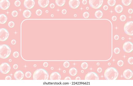 Soap bubbles background with frame. Vector abstract pink background.