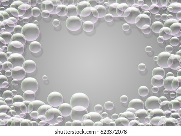 Soap bubbles background with rainbow colored airy foam round frame