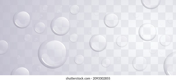 Soap bubbles background. Transparent water sphere. Vector illustration. Simple cartoon design. Flat style. Realistic. White color.