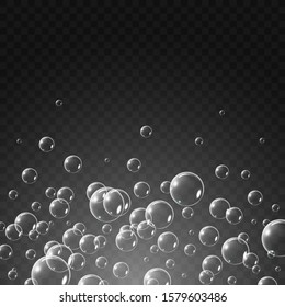 Soap bubbles background, vector illustration. Set of clean water, soap, gas or air bubbles with reflection on transparent background. Realistic underwater.