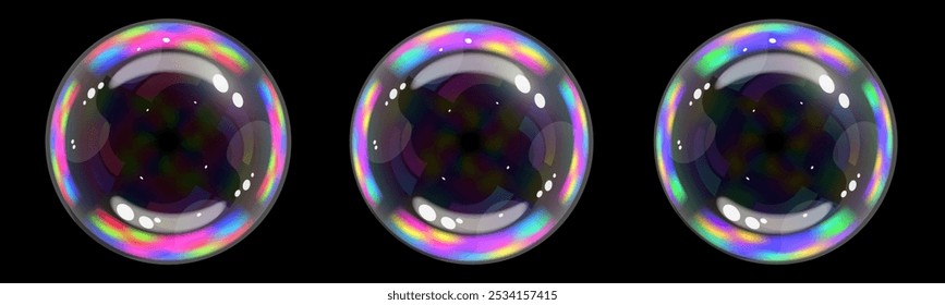 Soap bubbles balls set of rainbow color, Color spectrum effect transparent sphere, Vector illustration realism.