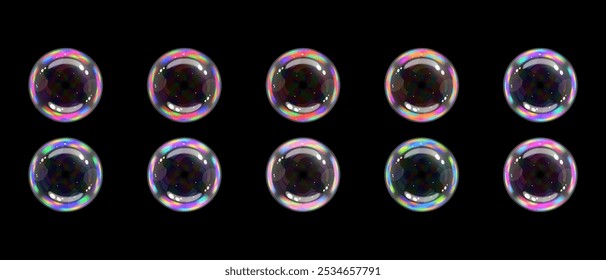 Soap bubbles balls set of rainbow color, Color spectrum effect transparent sphere, Vector illustration realism.