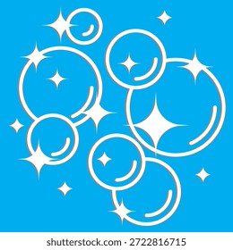 Burbujas de jabón, icono lineal de espuma de baño con sombreado aislado sobre fondo azul. Ilustración vectorial de icono de línea de burbujas de jabón brillante blanco. Símbolo de estilo de línea limpia para higiene, lavado, fácil limpieza.