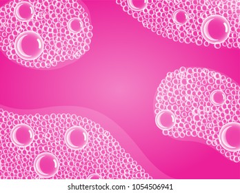 Soap Bubbles in Bath or Sud. Vector. Transparent Foam on Pink Soda water background.