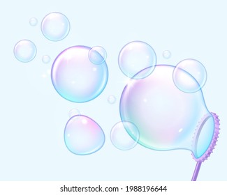 Soap bubbles blowing. Realistic flying rainbow reflective spheres and blow tool. Transparent 3D air balls from foam. Iridescent soaring circles with color gradient. Vector kids game