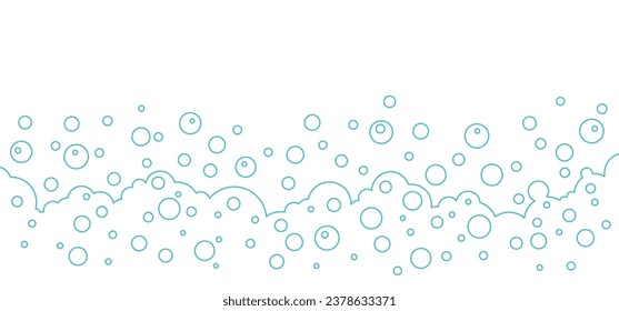 Soap bubbles blue background, cartoon foam outline frame, water line pattern, transparent suds. Abstract vector illustration