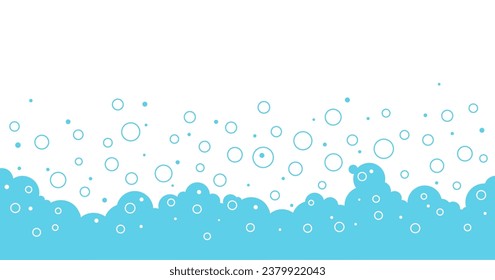 Soap bubbles blue background, cartoon foam outline and flat frame, water pattern, transparent suds. Abstract bg. Vector illustration