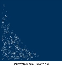 Soap bubbles. Bottom left corner with soap bubbles on deep blue background. Vector illustration.