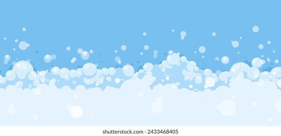 Soap bubbles cartoon background. Foam banner, suds bathroom effect. Bubble stream in air, clouds or fizzy. Flat abstract snugly vector concept