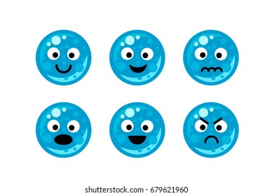 Soap bubbles character emotions in flat style isolated on white background. Art vector illustration.