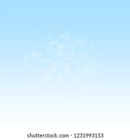 Soap bubbles Christmas background. Subtle flying snow flakes and stars on winter sky background. Beauteous winter silver snowflake overlay template. Fantastic vector illustration.