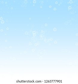 Soap bubbles Christmas background. Subtle flying snow flakes and stars on winter sky background. Authentic winter silver snowflake overlay template. Flawless vector illustration.