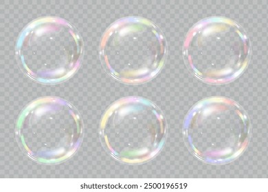 Soap bubbles colored spectrum on a transparent background. Realistic air bubbles 3D graphics glare and transparency effect. Vector illustration.