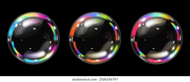 Burbujas de jabón de espectro de color sobre un fondo negro. Burbujas de aire realistas 3D gráficos deslumbran y efecto de transparencia. Ilustración vectorial.