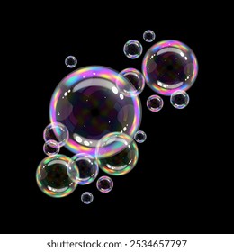 Soap bubbles composition on a black background, Round colored air soap bubbles spectrum of colors, Vector illustration transparency effect.