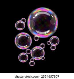 Soap bubbles composition on a black background, Round colored air soap bubbles spectrum of colors, Vector illustration transparency effect.