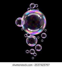 Soap bubbles composition on a black background, Round colored air soap bubbles spectrum of colors, Vector illustration transparency effect.