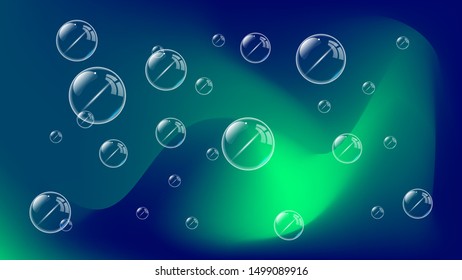 soap bubbles of different sizes against the background of a mixture of blue and green colors. Bright colorful art wallpaper. vector image
