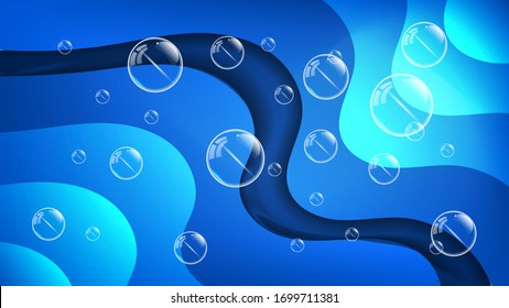 Seifenblasen verschiedener Größen auf dem Hintergrund überlappender abstrakter Formen von blauen Tönen mit glatten Kanten. Kunsthintergrund. Vektorillustration