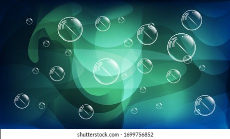 soap bubbles of different sizes against the background of overlapping abstract shapes of dark azure green tones with smooth wavy edges. art wallpaper. vector