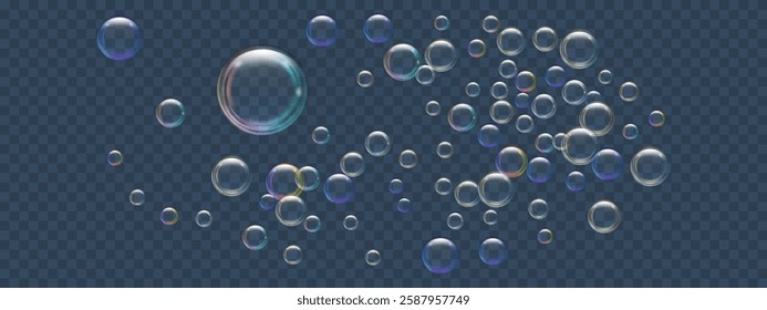 Soap bubbles different sizes on a dark transparent background. Realistic rainbow effect on shampoo and shower gel foam. Glare and reflexes on flying air bubbles. Vector illustration