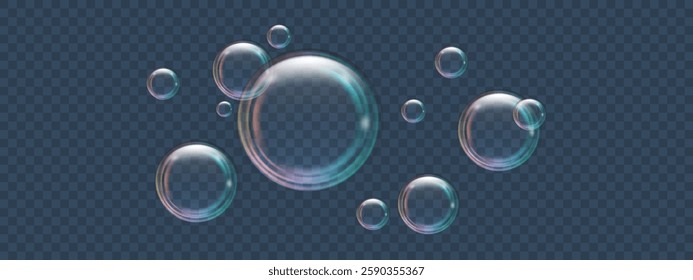 Soap bubbles different sizes on a dark transparent background. Realistic rainbow effect on shampoo and shower gel foam. Glare and reflexes on flying air bubbles. Vector illustration