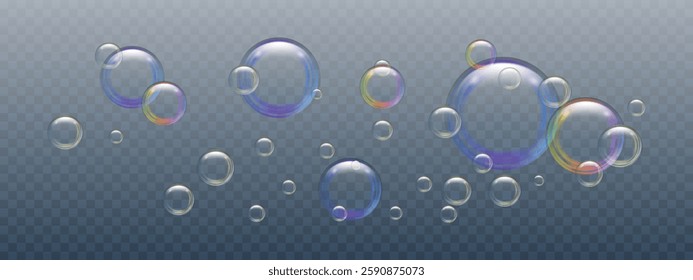 Soap bubbles different sizes on a dark transparent background. Realistic rainbow effect on shampoo and shower gel foam. Glare and reflexes on flying air bubbles. Vector illustration