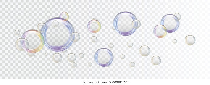 Soap bubbles different sizes on a transparent background. Realistic rainbow effect on shampoo and shower gel foam. Glare and reflexes on flying air bubbles. Vector illustration.