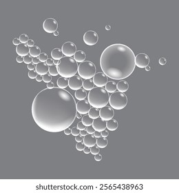 Soap bubbles, displaying unique designs, gracefully float on a plain gray surface