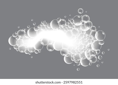 Soap bubbles, displaying unique designs, gracefully float on a plain gray surface