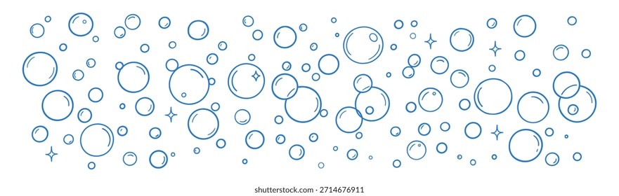 Borde de doodle de burbujas de jabón. Espuma de agua efervescente y brillante ilustración sobre fondo transparente