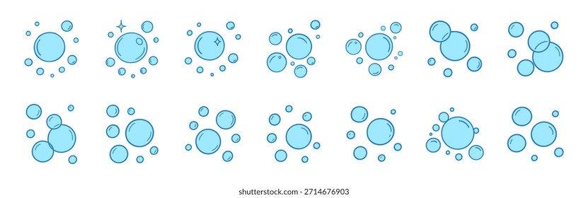 Conjunto de doodle de burbujas de jabón. Espuma de agua efervescente e ilustración brillante sobre fondo transparente