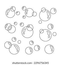 Soap Bubbles Doodle Set. Round water bubbles sparkles collection. Black line art isolated vector illustration
