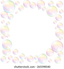 Soap bubbles with empty space to fill in any text or image. Isolated vector illustration on white background.