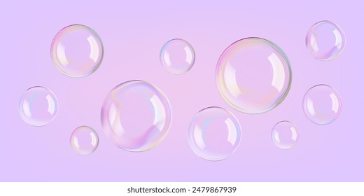 Soap bubbles float 3D on pink water background. Glossy translucent rainbow-colored serum gel drops. Light collagen face purifier hyaluronic smudge droplet. Fizz drinks, magic ball luxury glass effect.