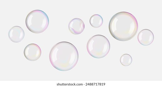 Soap bubbles float 3D on pink water background. Glossy translucent rainbow-colored spheres flare in air. Light glowing bath foam, carbonated frothy fizz drinks, and magic ball luxury glass effect.