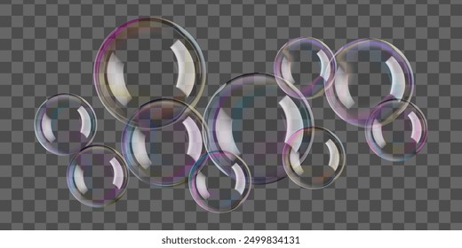 Soap bubbles float 3D on gray water background. Glossy translucent rainbow-colored serum gel drops. Light collagen face purifier hyaluronic smudge droplet. Fizz drinks, magic ball luxury glass effect.